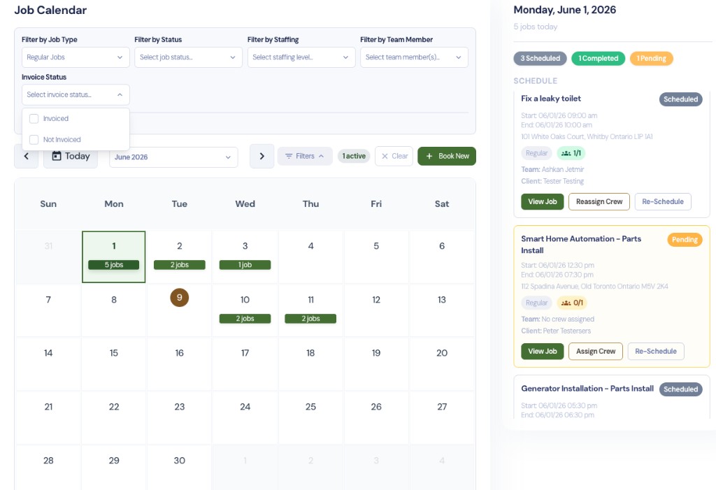 Job calendar showing scheduled, completed, and pending jobs