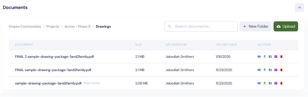 Project document manager with folders, search, upload, and drawing files