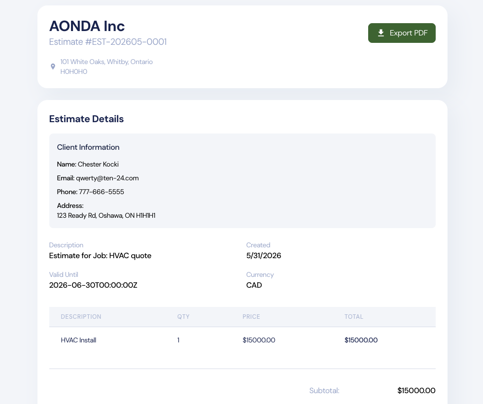 Client-facing estimate with line items and export PDF button