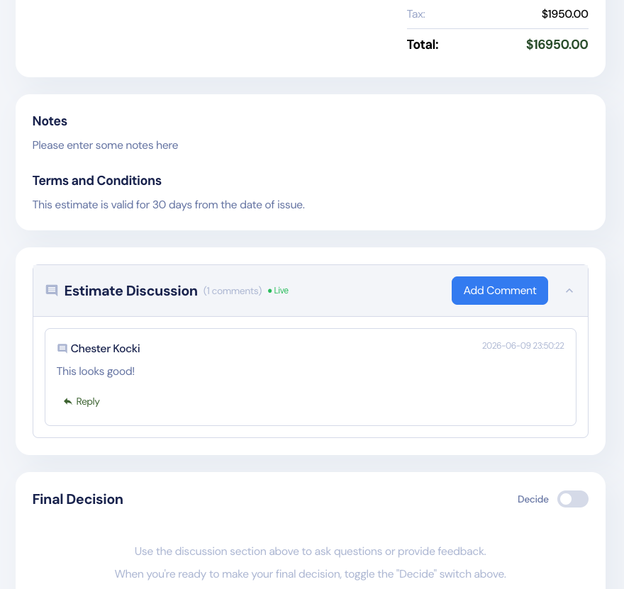 Estimate discussion and final decision section