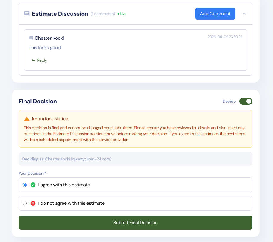 Final decision screen showing client agreement to estimate