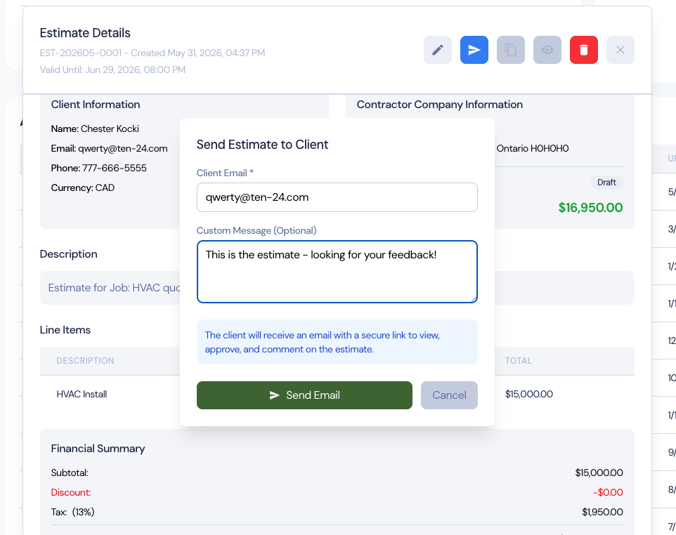 Estimate details screen with send estimate modal