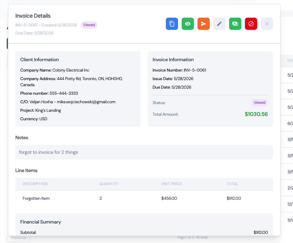 Invoice details screen with client information, invoice status, notes, line items, and financial summary