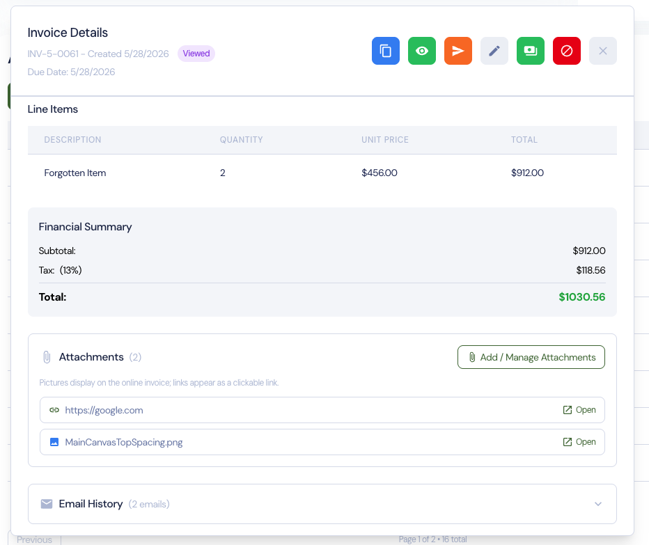 Invoice details screen with attachments and email history