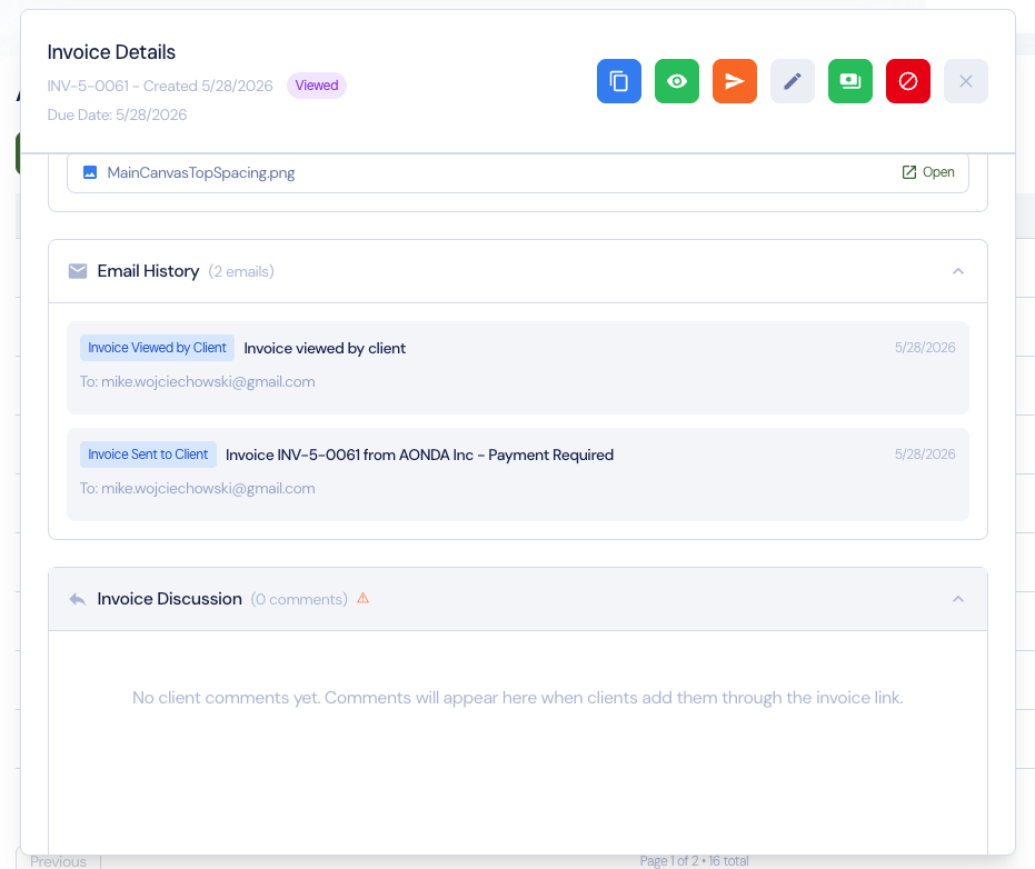 Invoice details screen showing line items, financial summary, attachments, and email history