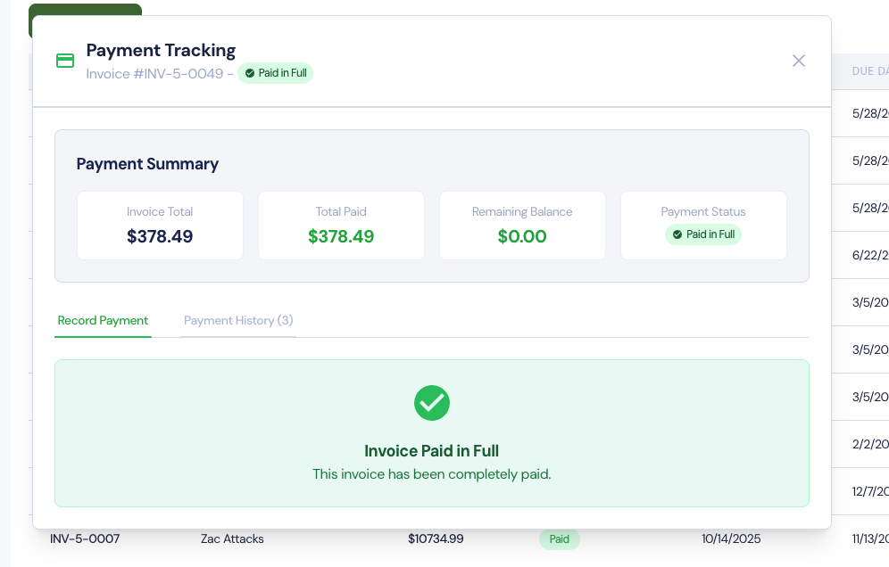 Payment tracking modal showing invoice paid in full