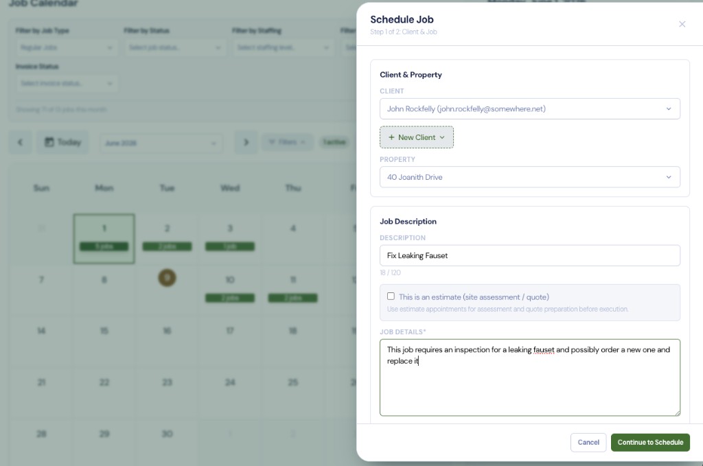 Schedule job modal showing client, property, and job details