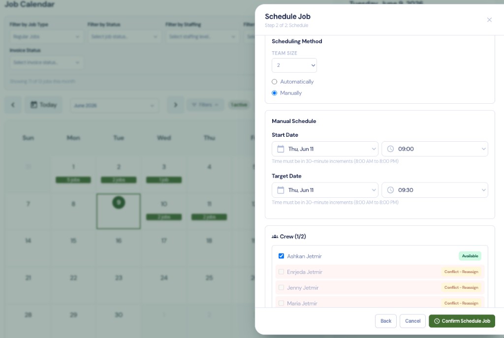 Schedule job modal showing date, time, and crew assignment